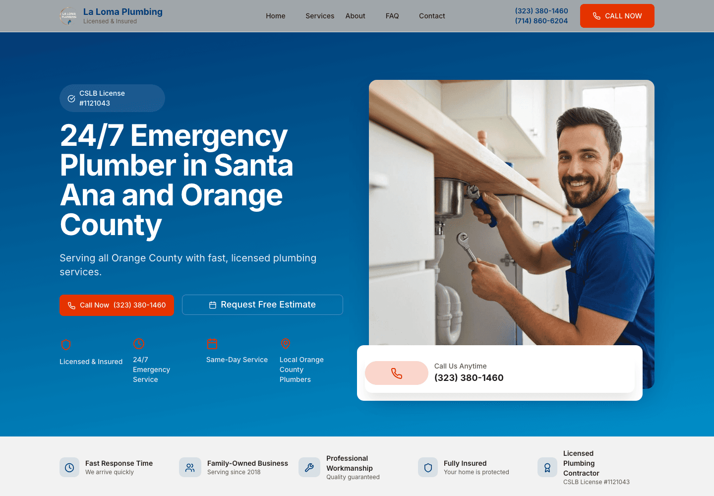 Screenshot of the La Loma Plumbing site with a 24/7 emergency hero.