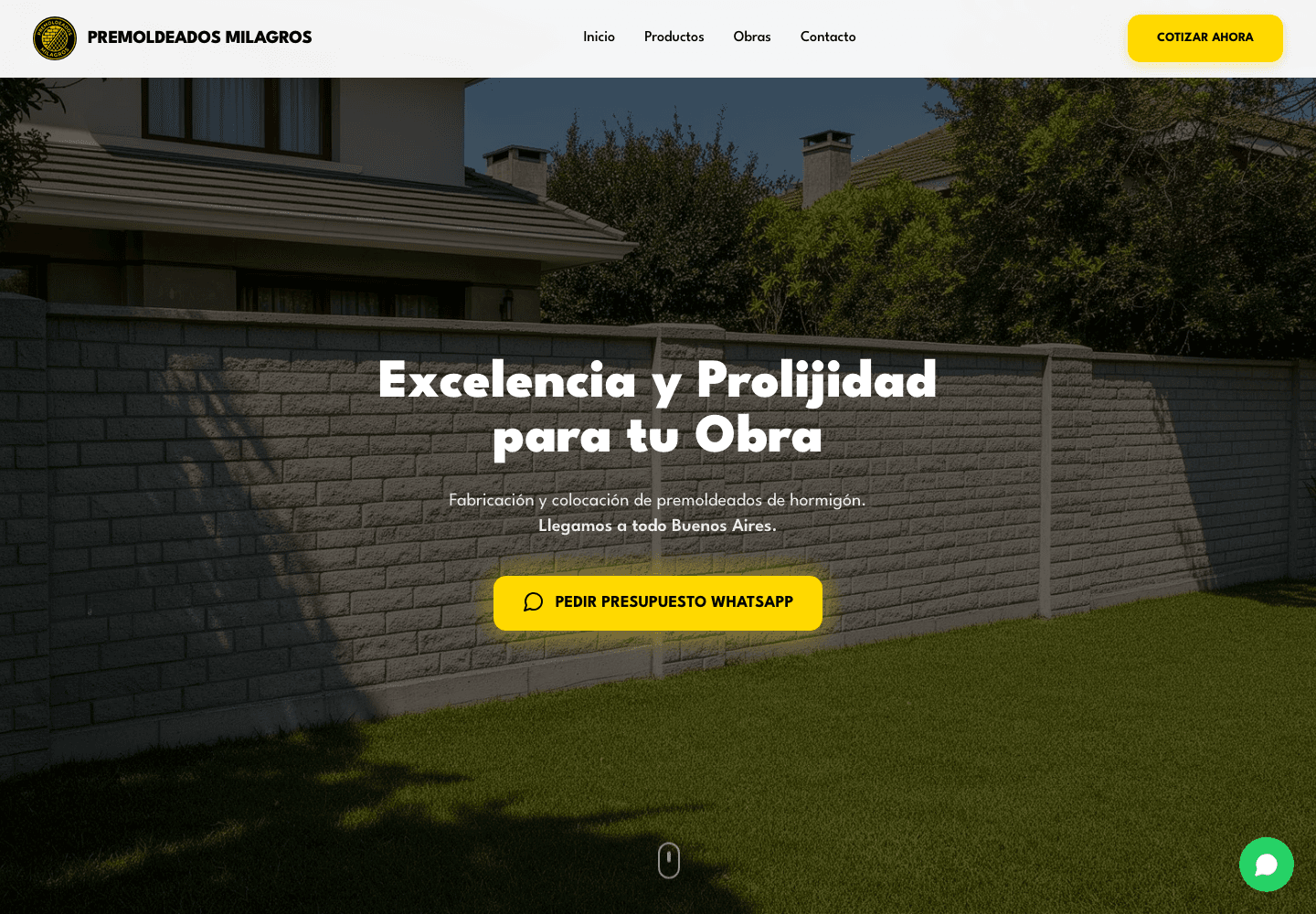 Screenshot of the Premoldeados Milagros site with a concrete wall hero.